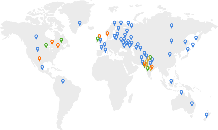 Global map with blue, orange, and green markers representing presence in over 50 countries.