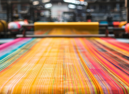 Colorful fabric being woven on a textile machine in a factory.