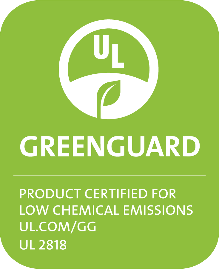 GREENGUARD certification for low chemical emissions by UL, standard UL 2818.