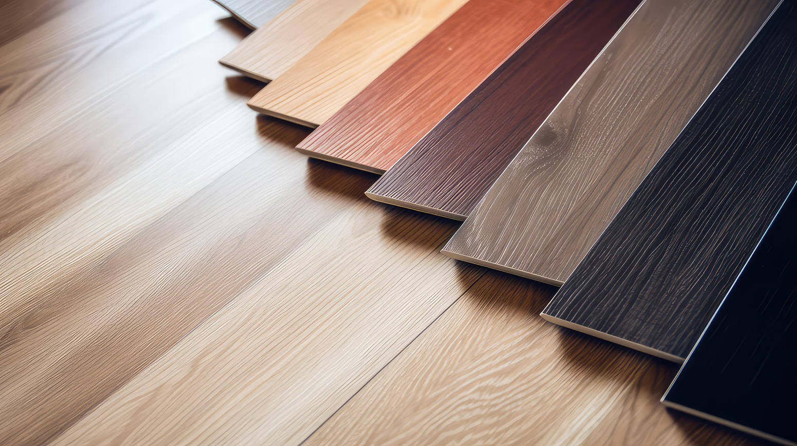 Various wood flooring samples arranged by color and texture.