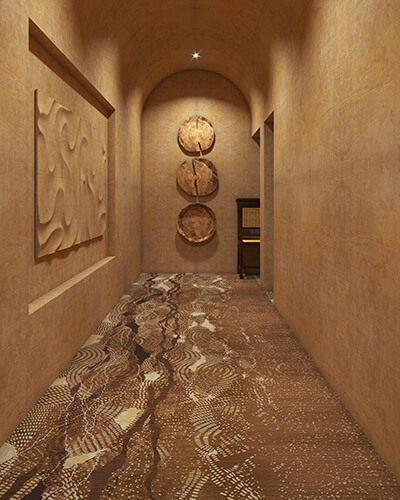 Cozy bedroom with neutral tones, a bed, vanity table, and cushioned stool on wood flooring.